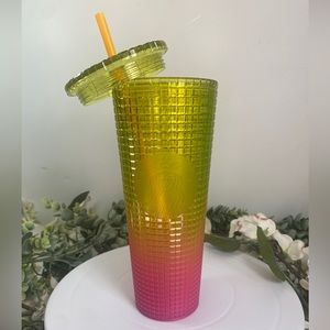 Starbucks 2022 Lemon Yellow Pink Gradient Ombre Gradient Grid 24oz Venti Tumbler